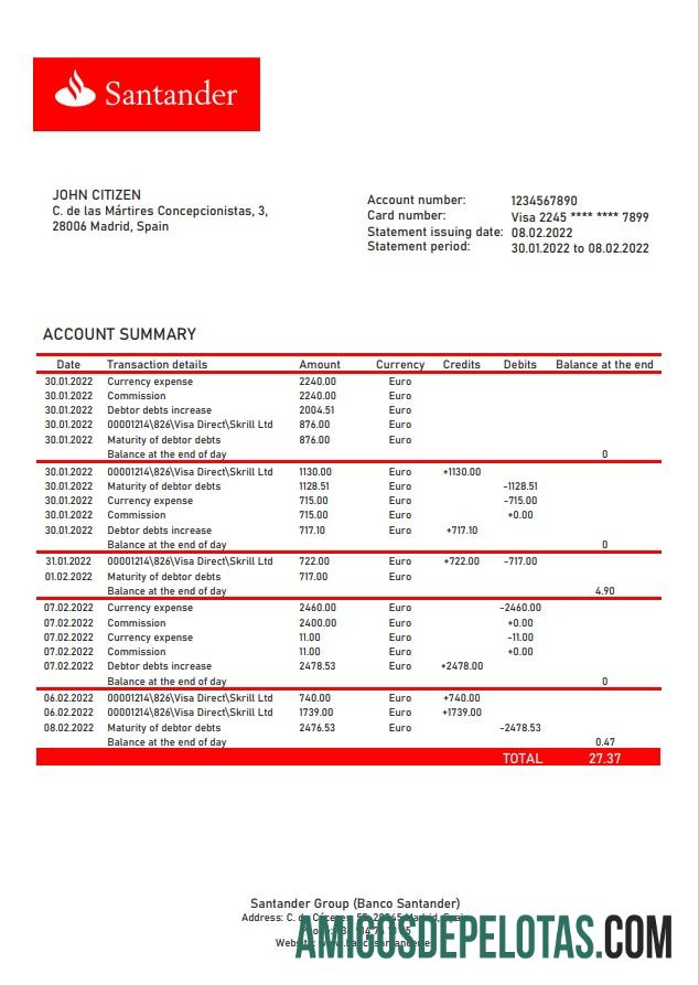 Modelo de extrato bancário Santander Espanha em branco em formato Word e PDF, versão 2
